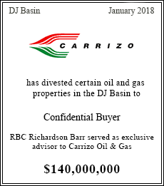 Carrizo Oil & Gas has divested certain oil and gas properties in the DJ Basin to Confidential Buyer - $140,000,000