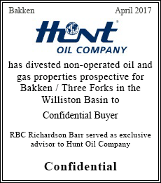 Hunt has divested non-operated oil and gas properties prospective for Bakken / Three Forks in the Williston Basin to Confidential Buyer - Confidential