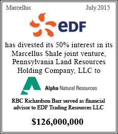 EDF has divested its 50% interest in its Marcellus Shale joint venture, Pennsylvania Land Resources Holding Company, LLC to Alpha Natural Resources - $126,000,000