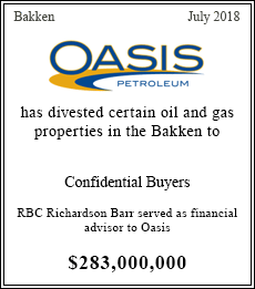 Oasis Petroleum has divested certain oil and gas properties in the Bakken to Confidential Buyers - $283,000,000