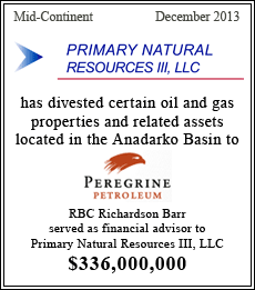 Primary Natural Resources III, LLC has divested certain oil and gas properties and related assets located in the Andarko Basin to Peregrine Petroleum - $336,000,000