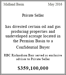 Private Seller has divested certain oil and gas producing properties and undeveloped acreage located in the Permian Basin to a Confidential Buyer - $359,100,000