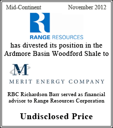 Range Resources has divested its position in the Ardmore Basin Woodford Shale to Merit Energy Company - Pending - Undisclosed Price