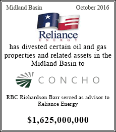 Reliance Energy has divested certain oil and gas properties and related assets in the Midland Basin to Concho - $1,625,000,000