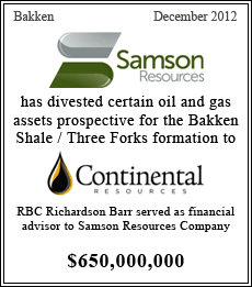 Samson Resources has divested certain oil and gas assets prospective for the Bakken Shale / Three Forks formation to Continental Resources - $650,000,000