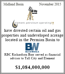 Tall City Exploration and Element Petroleum Operating II LCC have divested certain oil and gas properties and undeveloped acreage located in the Permian Basin to BlueWhale - $1,084,000,000
