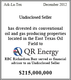 Undisclosed Seller has divested its conventional oil and gas producing properties located in the East Texas Oil Field to QR Energy - Pending - $215,000,000