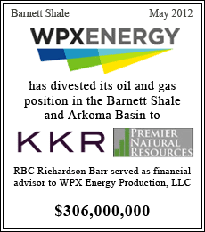 WPX Energy Production, LLC divested its oil and gas position in the Barnett Shale and Arkoma Basin to KKR - Premier Natural Resources - RBC Richardson Barr served as financial advisor to WPX Energy Production, LLC - Pending - $306,000,000
