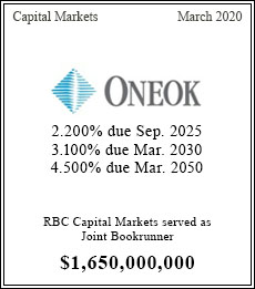 Oneok - $1,650,000,000  - Joint Bookrunner - March 2020