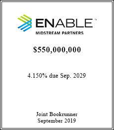 Enable Midstream Partners - $550,000,000  - Joint Bookrunner - September 2019