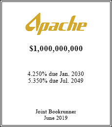 Apache - $1,000,000,000  - Joint Bookrunner - June 2019