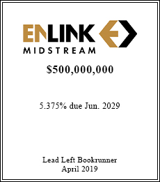 EnLink Midstream - $500,000,000  - Lead Left Bookrunner - April 2019
