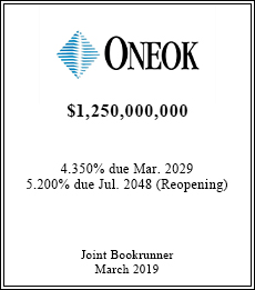 Oneok - $1,250,000,000  - Joint Bookrunner - March 2019