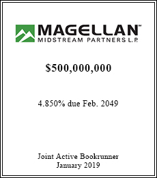 Magellan Midstream Partners LP - $500,000,000  - Joint Active Bookrunner - January 2019