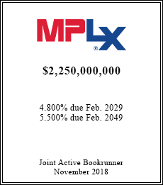 MPLX - $2,250,000,000  - Joint Active Bookrunner - November 2018