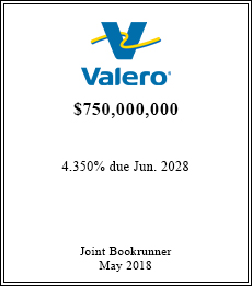Valero - $750,000,000  - Joint Bookrunner - May 2018