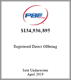 PBF Energy - $134,936,895  - Sole Underwriter - April 2019