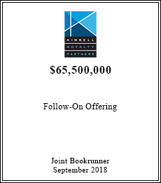 Kimbell Royalty Partners - $65,500,000  - Joint Bookrunner - September 2018