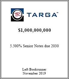 Targa - $1,000,000,000  - Left Bookrunner - November 2019