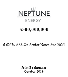 Neptune Energy - $500,000,000  - Joint Bookrunner - October 2019