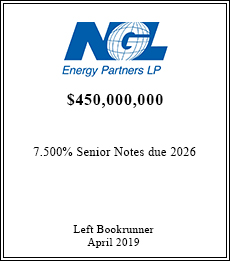 NGL Energy Partners LP - $450,000,000  - Left Bookrunner - April 2019