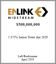 EnLink Midstream - $500,000,000  - Left Bookrunner - April 2019