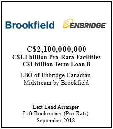 Brookfield / Enbridge - C$2,100,000,000 / C$1.1 billion Pro-Rate Facilities / C$1 billion Term Loan B - Left Lead Arranger / Left Bookrunner (Pro-Rate) - September 2018