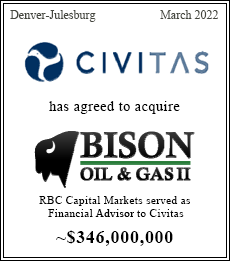RBC Richardson Barr served as financial advisor to Civitas ~$346,000,000