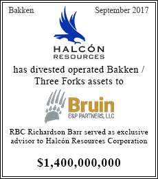 Halcon Resources have divested operated Bakken/Three Forks assets to Bruin E&P Partners, LLC - $1,400,000,000