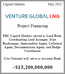RBC Capital Markets served as Lead Bank,
                                                Coordinating Lead Arranger, Joint Bookrunner, Intercreditor Agent, Collateral Agent, Documentation Agent, and Hedge Coordinator, City National will serve as Account Bank ~$13,200,000,000