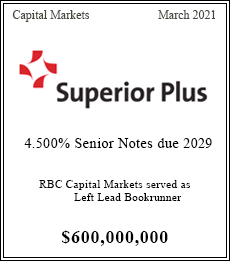 RBC Capital Markets served as Lead Left Bookrunner - $600,000,000