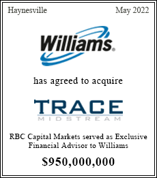 RBC Capital Markets served as Financial advisor to Williams ~$950,000,000