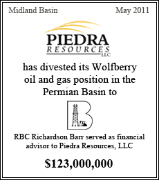 Piedra Resources, LLC has divested its Wolfberry oil and gas position in the Permian Basin to Berry Petroleum. RBC Richardson Barr served as financial advisor to Piedra Resources, LLC. Wolfberry - May 2011 - $123,000,000