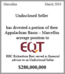 Undisclosed Seller has divested a portion of their Appalachian Basin - Marcellus acreage position to EQT. RBC Richardson Barr served as financial advisor to an Undisclosed Seller - $280,000,000 - Marcellus - March 2010
